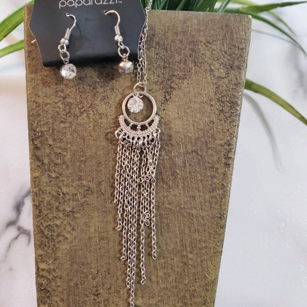 Silver Tone Chains & Rhinestone Jewel Necklace & Earring Set